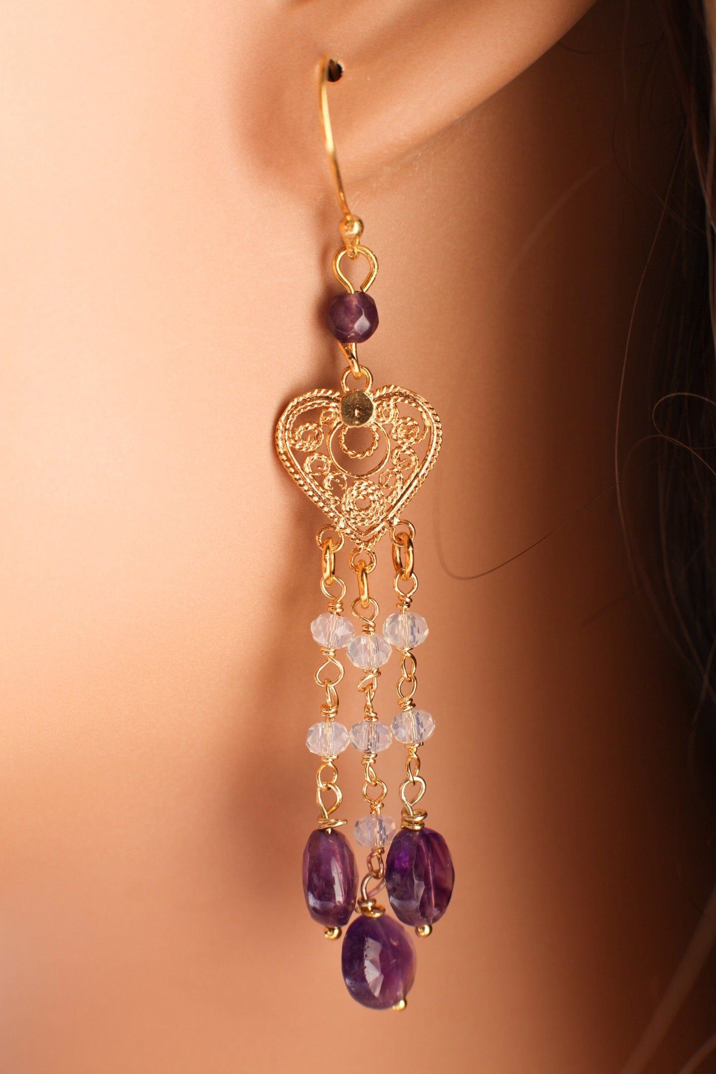 Natural Amethyst dangling Filigree Chandelier Heart,Faceted Opalite Spacers wire wrapped Gold Earrings, Handmade Gift for Her,
