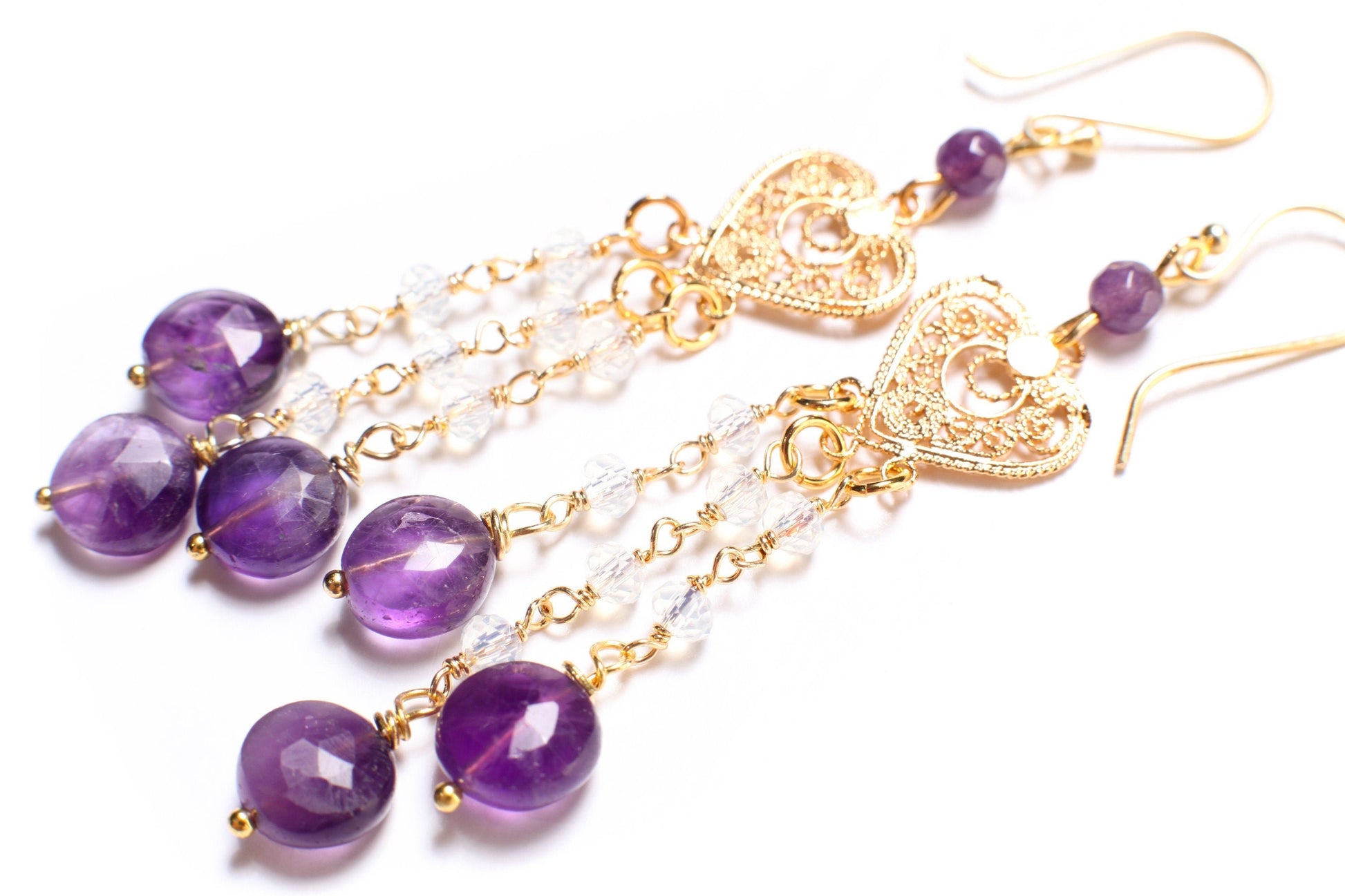 Natural Amethyst dangling Filigree Chandelier Heart,Faceted Opalite Spacers wire wrapped Gold Earrings, Handmade Gift for Her,