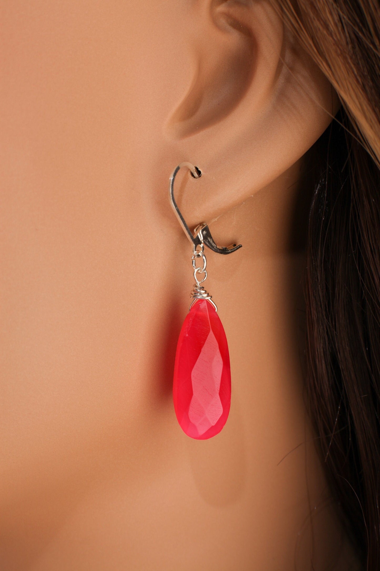 Hot Pink Chalcedony 9.5x25mm Briolette Teardrop, 925 Sterling Silver Earwire or Leverback, Boho, Gemstone Jewelry Gift for Her