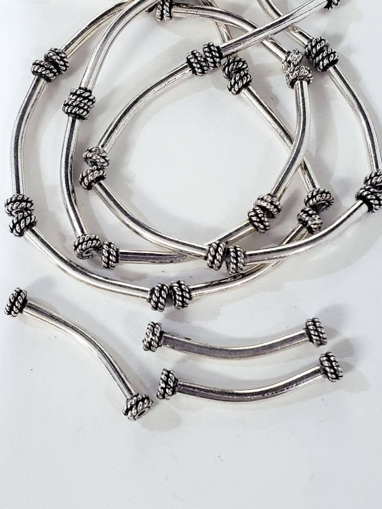 925 sterling silver bali curved tube / pipe 30mm long jewelry making supplies bracelets necklace needs. 2 pcs set.