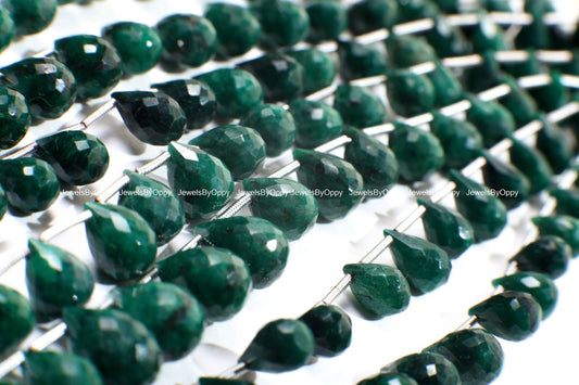 Emerald Briolette, Genuine Graduated Emerald Green Faceted Teardrop 5x7-7x11mm Gemstone Jewelry Making Bracelet, Necklace Earrings Beads 9"