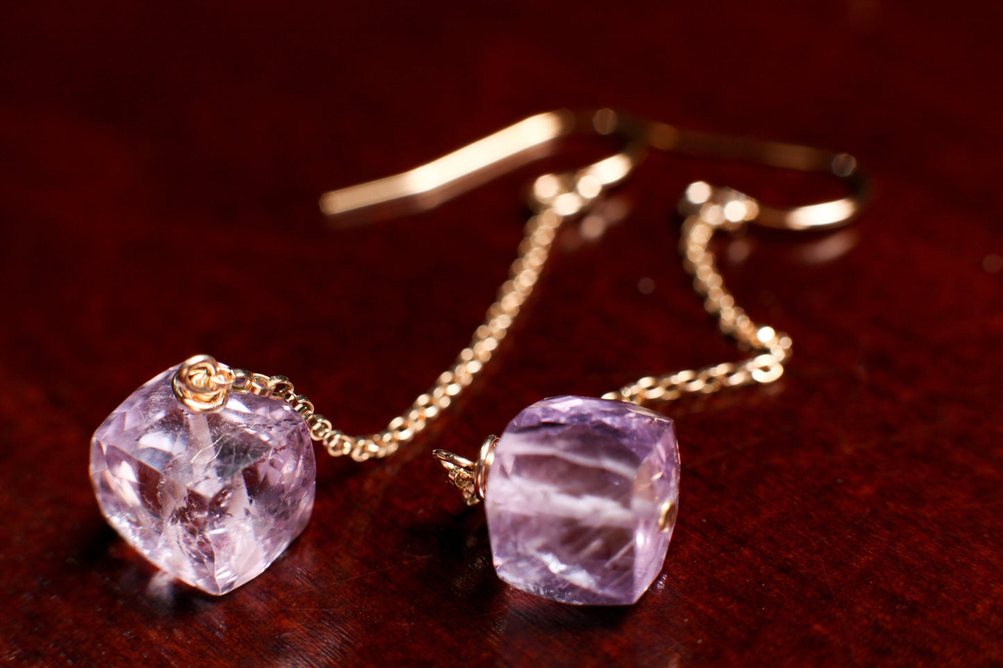 Pink Amethyst 9mm Cube dangling in 14K Gold Filled box Chain and EarWire,Soothing Gem, Natural AAA Amethyst Square are ice Cut gems. Gift