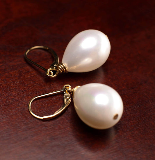 White South SeaShell Pearl drop 14x20mm Large High Luster Briolette 925 Sterling Silver,14k Gold Filled Leverback Earrings, Elegant ,Bridal.