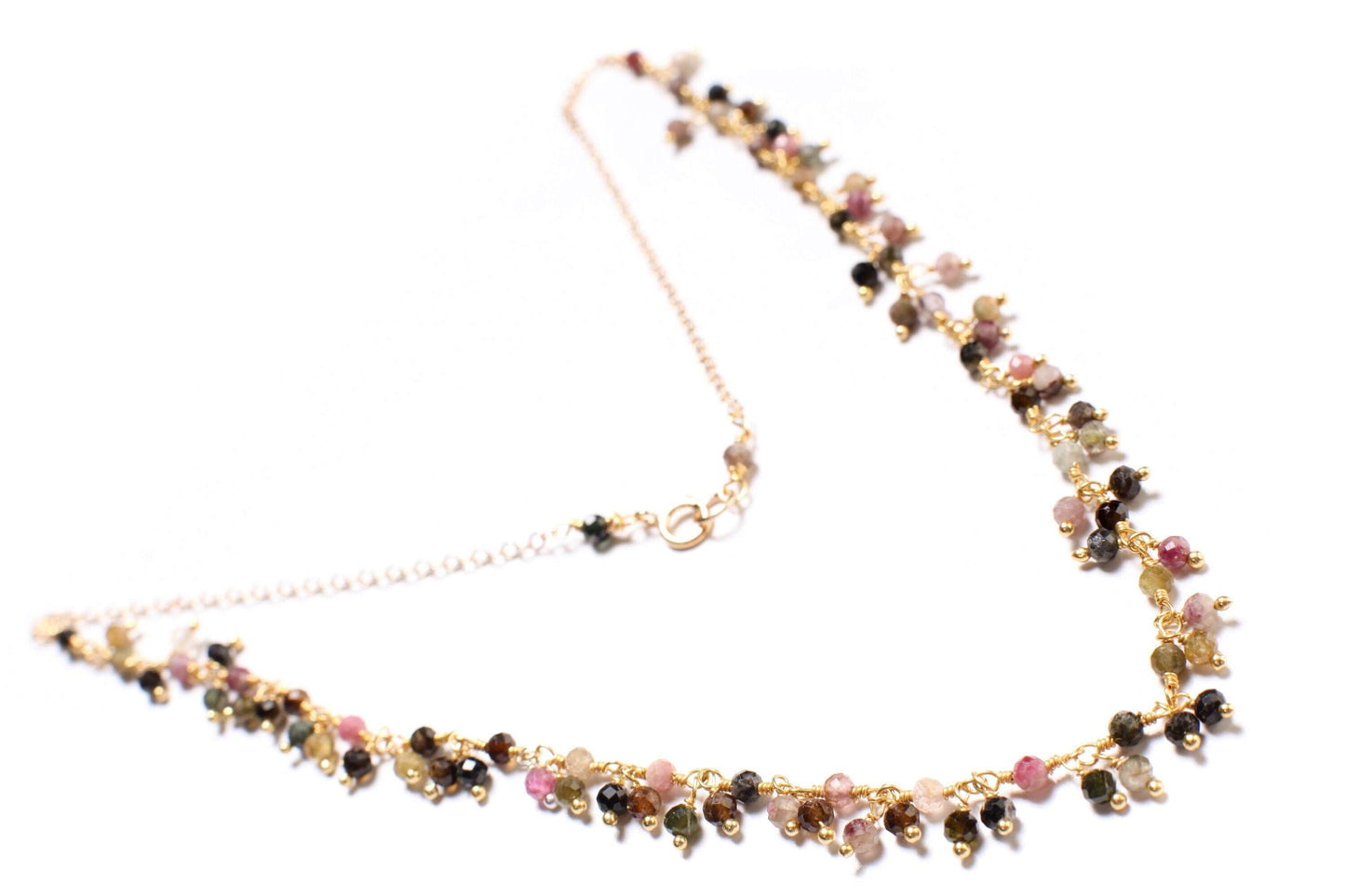 Genuine Watermelon multi Tourmaline Wire Wrapped Clusters Necklace in 14K Gold Filled Chain, Clasp, Valentine Gift