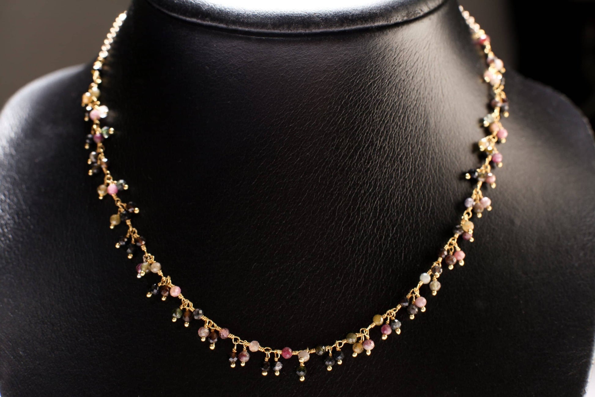 Genuine Watermelon multi Tourmaline Wire Wrapped Clusters Necklace in 14K Gold Filled Chain, Clasp, Valentine Gift