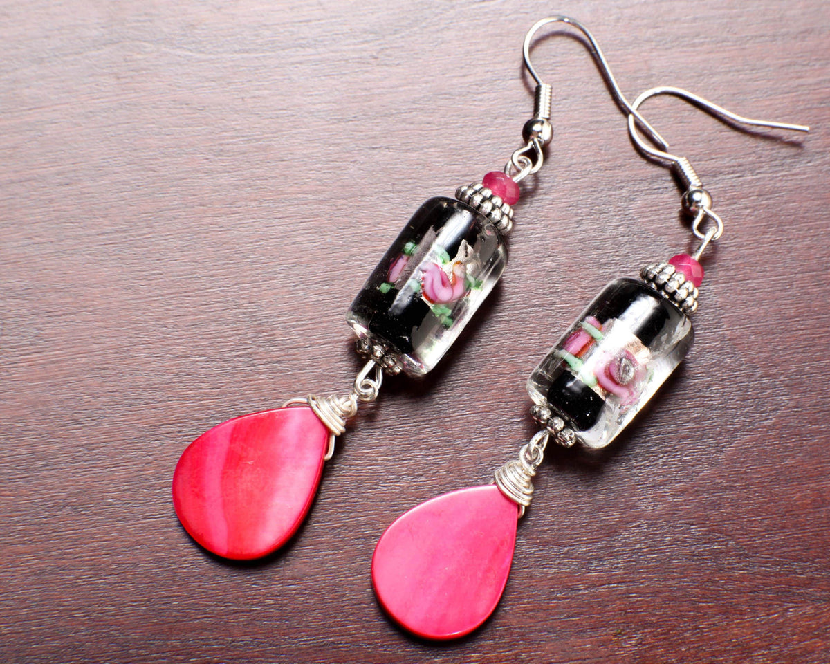 Mother of Pearl Shell 14x20mm Earrings, Wire Wrapped Pink Sea Shell Pear Drop with Dangling Silver Foil Flower Lamp Work Earwire Earrings