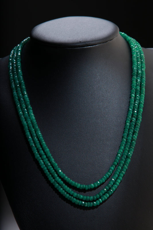 Natural Zambian Emerald Faceted Roundel 3.5-4mm Gemstone 3 line 16&quot; Necklace with 9&quot; Adjustable thread,May Birthstone, Gift