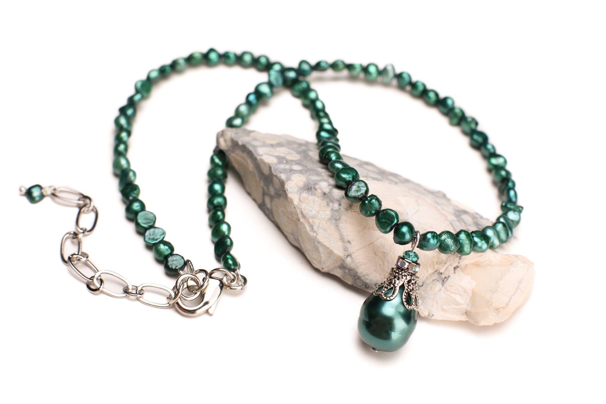 Green Freshwater Pearl Necklace with MOP Shell Pearl Baroque Teardrop Pendant 16" plus 2” extension to 19"