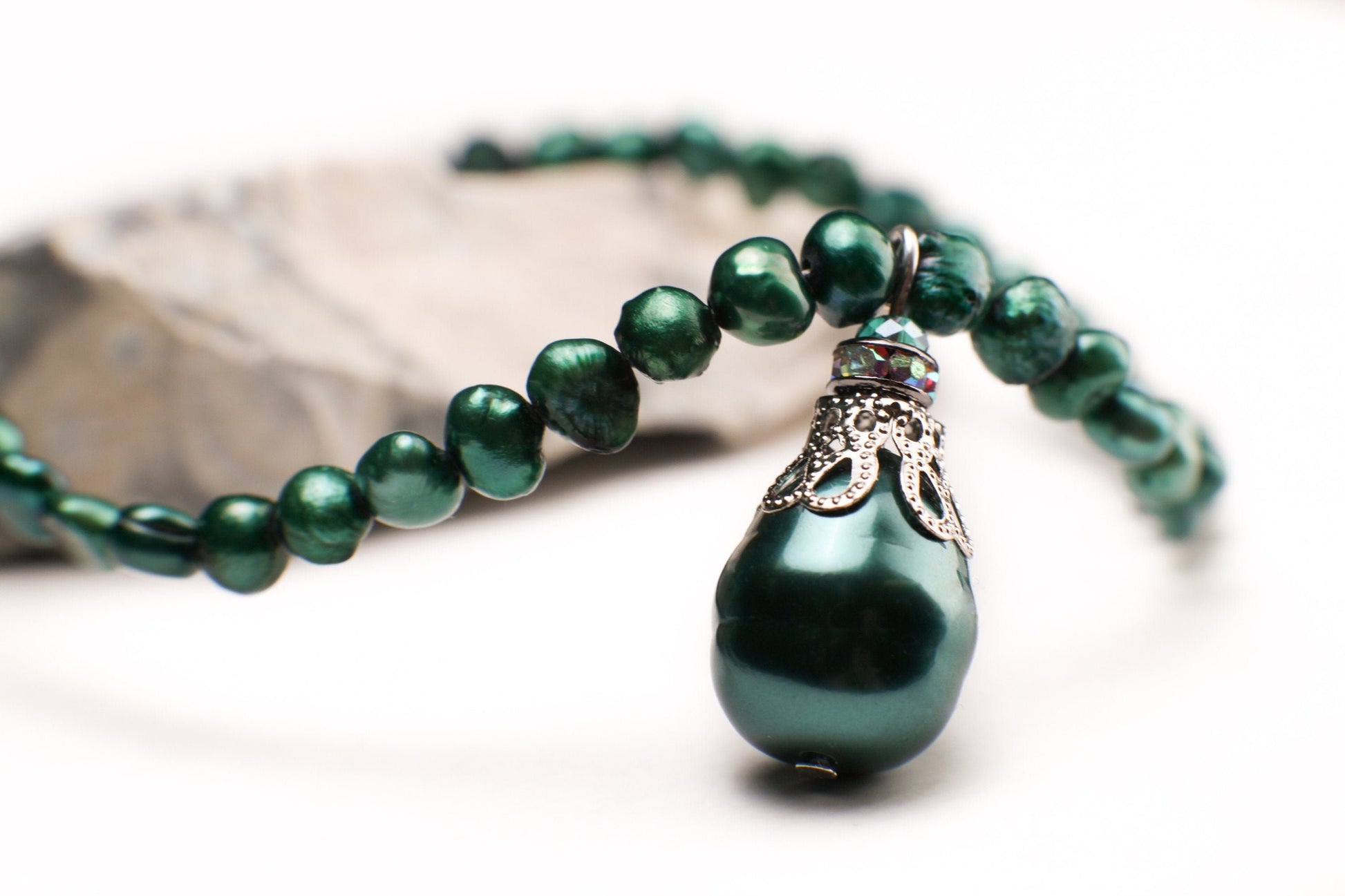 Green Freshwater Pearl Necklace with MOP Shell Pearl Baroque Teardrop Pendant 16" plus 2” extension to 19"