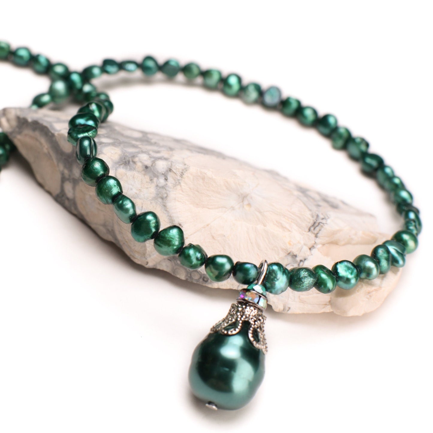 Green Freshwater Pearl Necklace with MOP Shell Pearl Baroque Teardrop Pendant 16" plus 2” extension to 19"