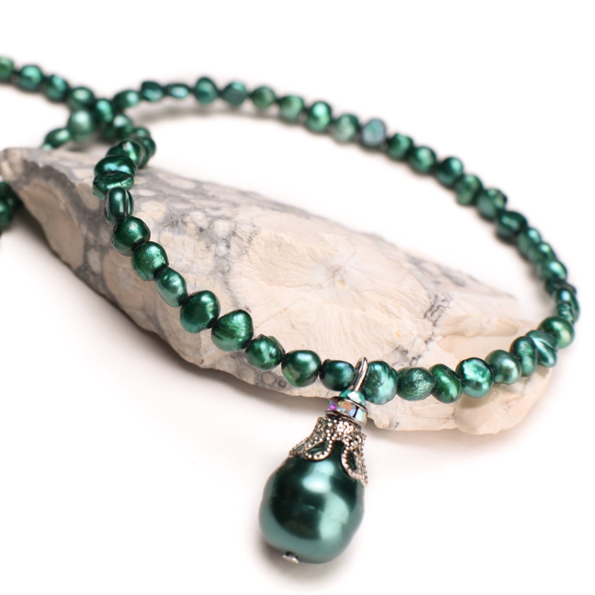 Green Freshwater Pearl Necklace with MOP Shell Pearl Baroque Teardrop Pendant 16" plus 2” extension to 19"