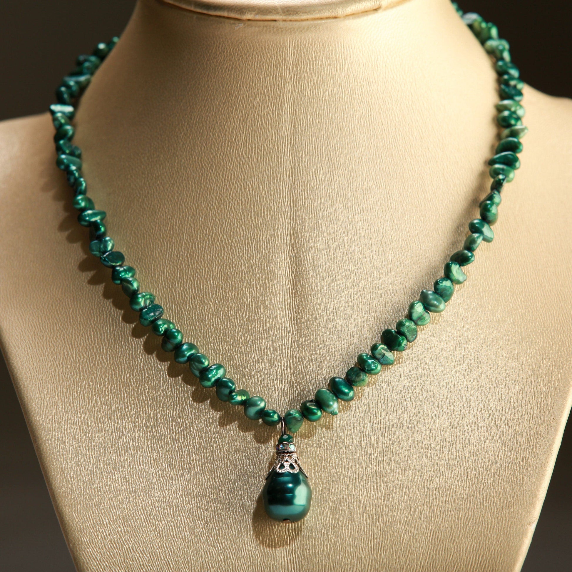 Green Freshwater Pearl Necklace with MOP Shell Pearl Baroque Teardrop Pendant 16" plus 2” extension to 19"