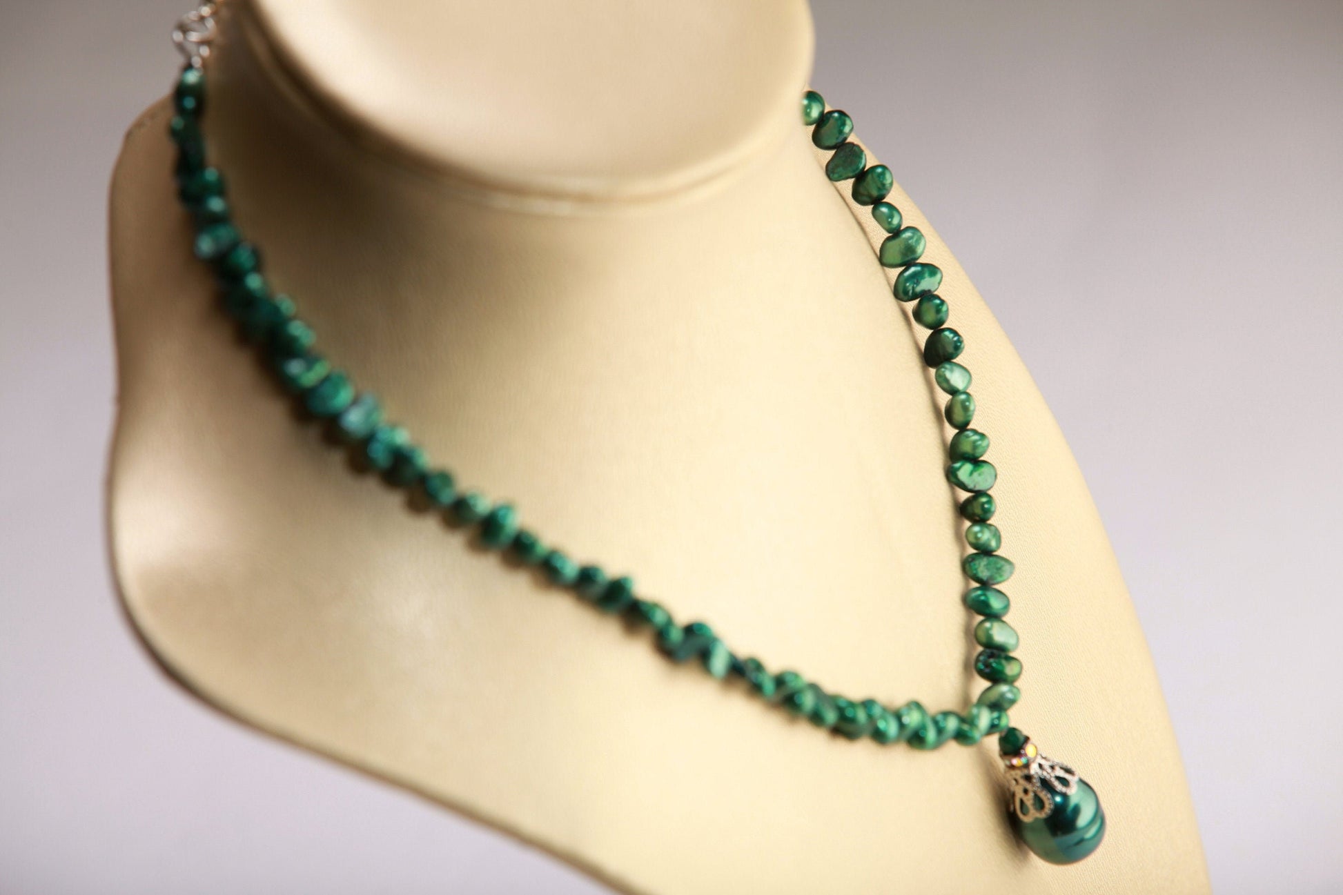 Green Freshwater Pearl Necklace with MOP Shell Pearl Baroque Teardrop Pendant 16" plus 2” extension to 19"