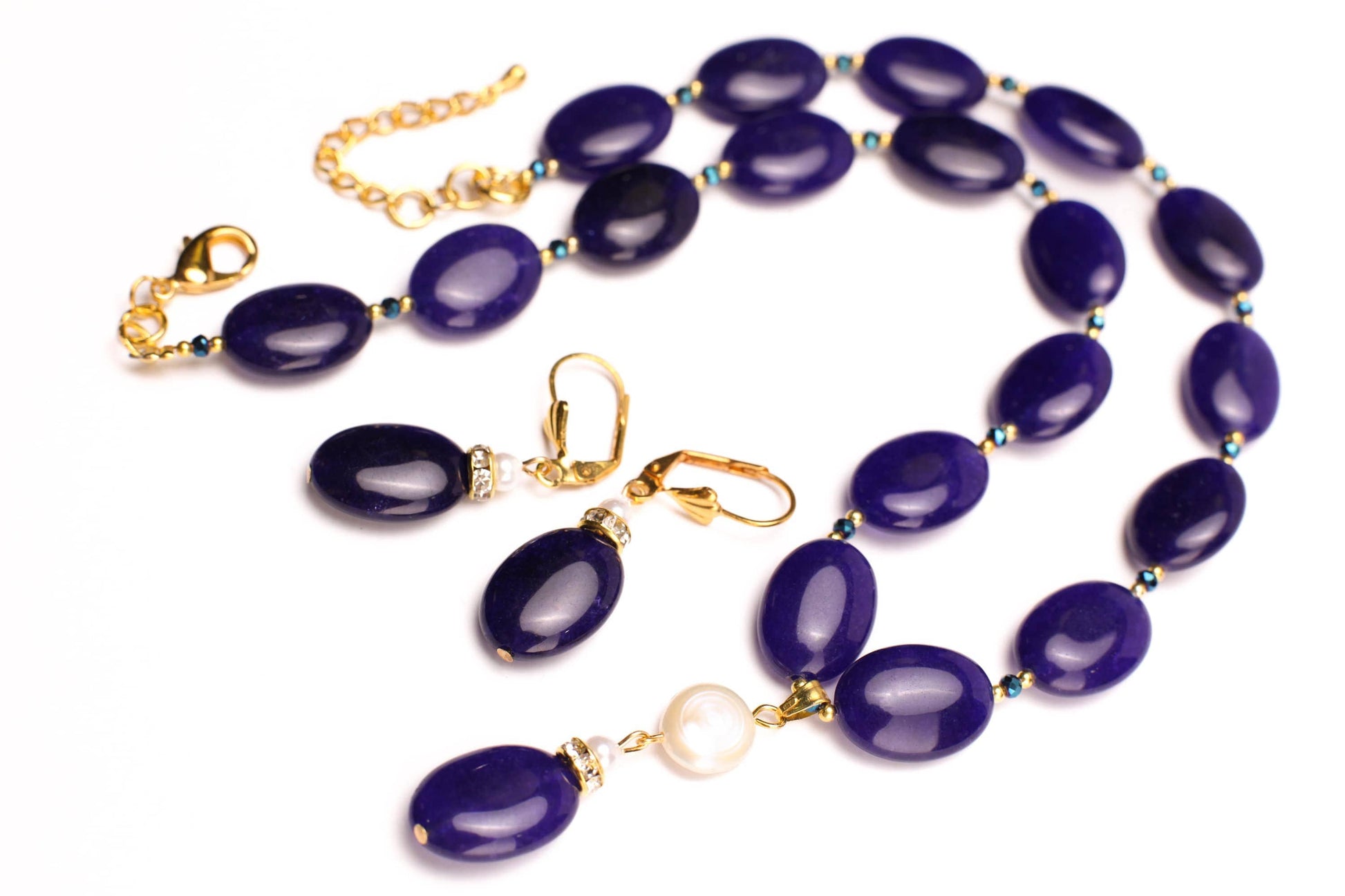 Dark blue Sapphire Jade Oval 13x18mm size Accent Freshwater coin pearl pendant 18" plus 2" Extension Necklace,Matching Earrings Jewelry Set