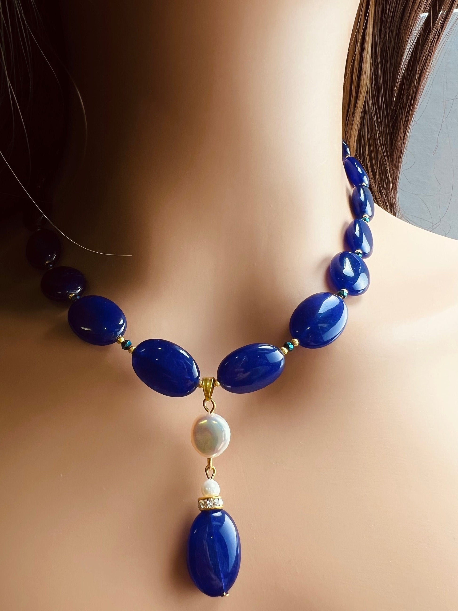 Dark blue Sapphire Jade Oval 13x18mm size Accent Freshwater coin pearl pendant 18&quot; plus 2&quot; Extension Necklace,Matching Earrings Jewelry Set