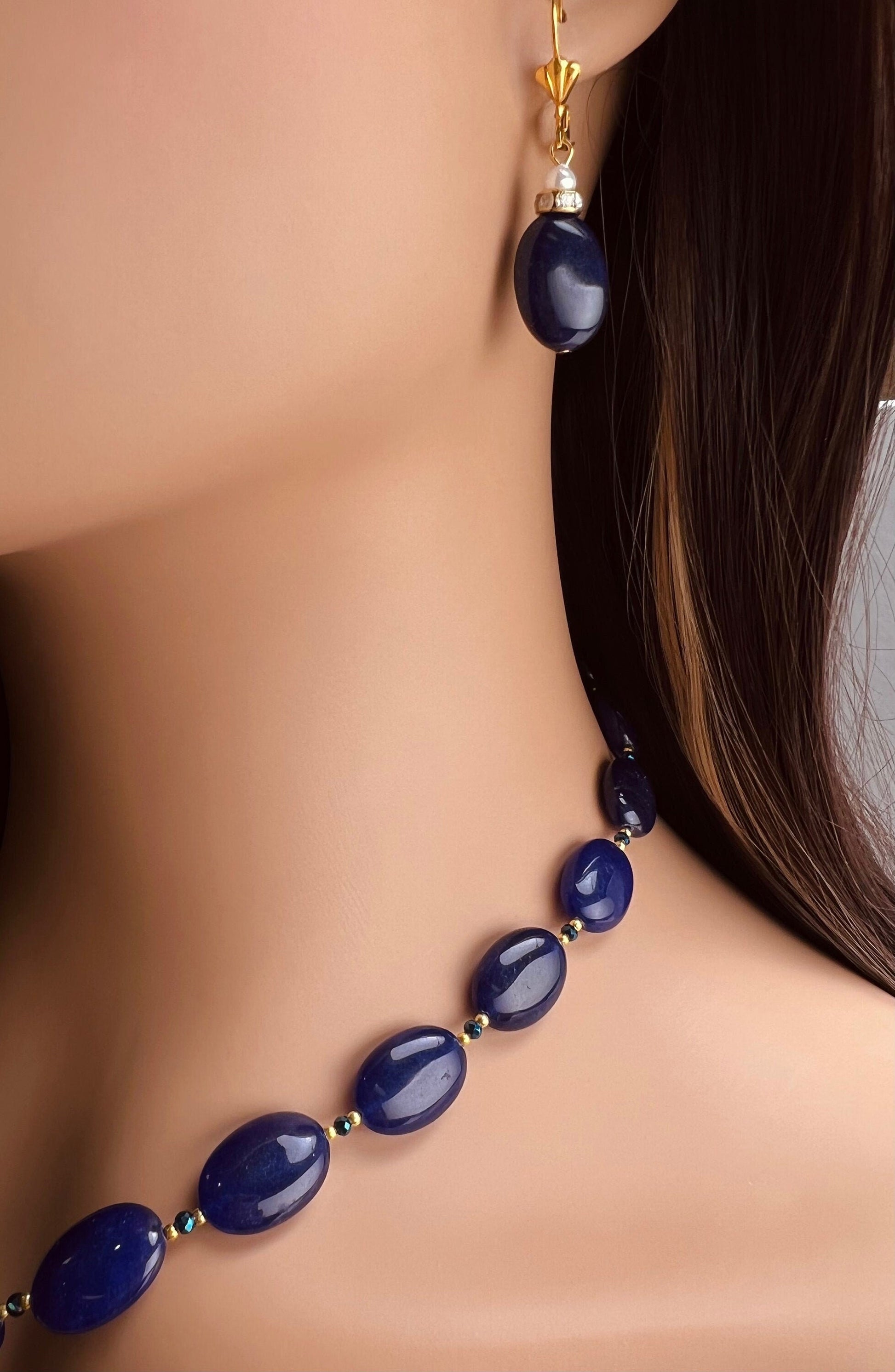 Dark blue Sapphire Jade Oval 13x18mm size Accent Freshwater coin pearl pendant 18" plus 2" Extension Necklace,Matching Earrings Jewelry Set