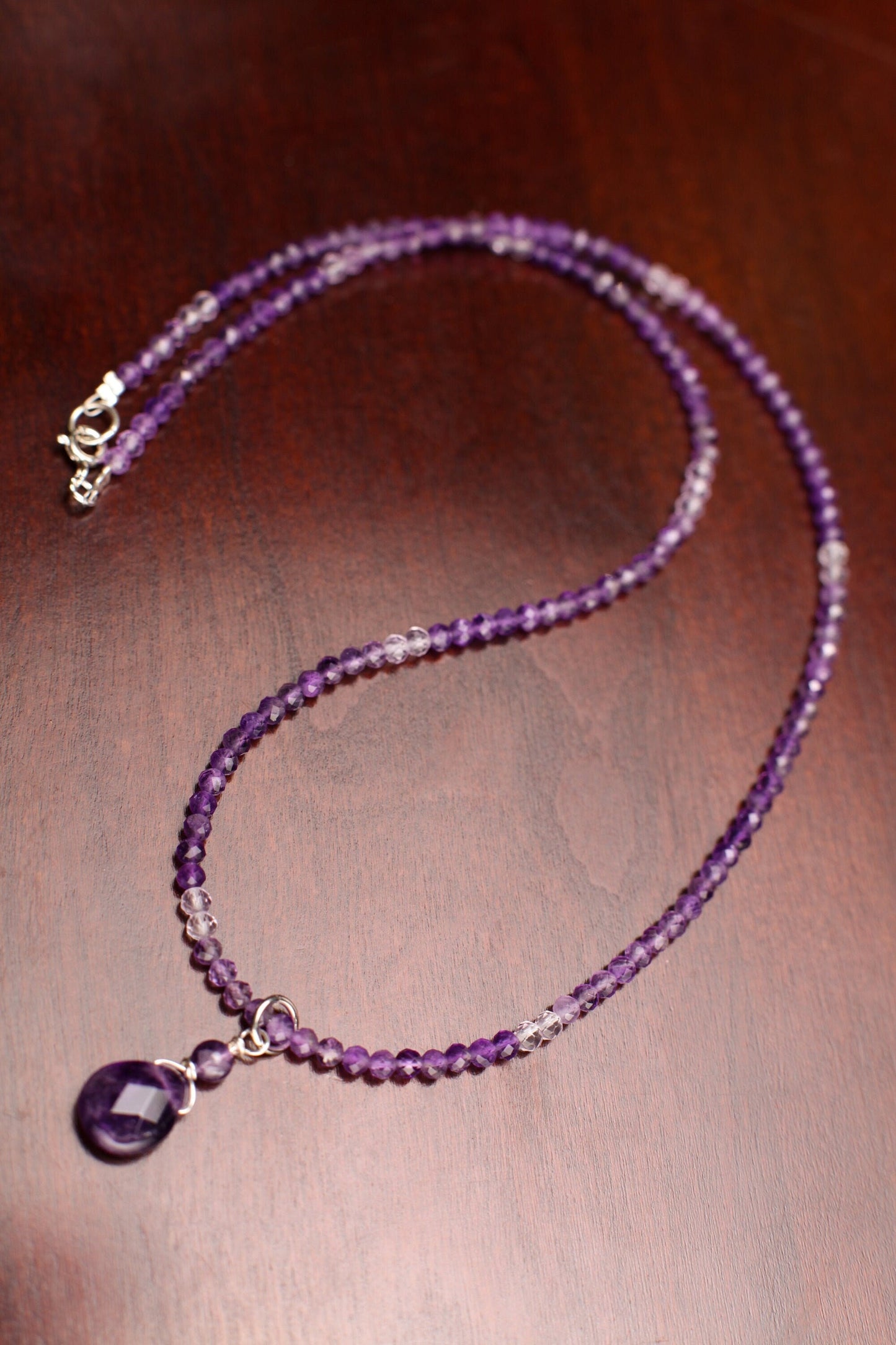 Brazilian Amethyst Faceted Wire Wrapped Pear Drop Charm with Ombre Shaded 3mm Amethyst Beaded Necklace, February Birthstone