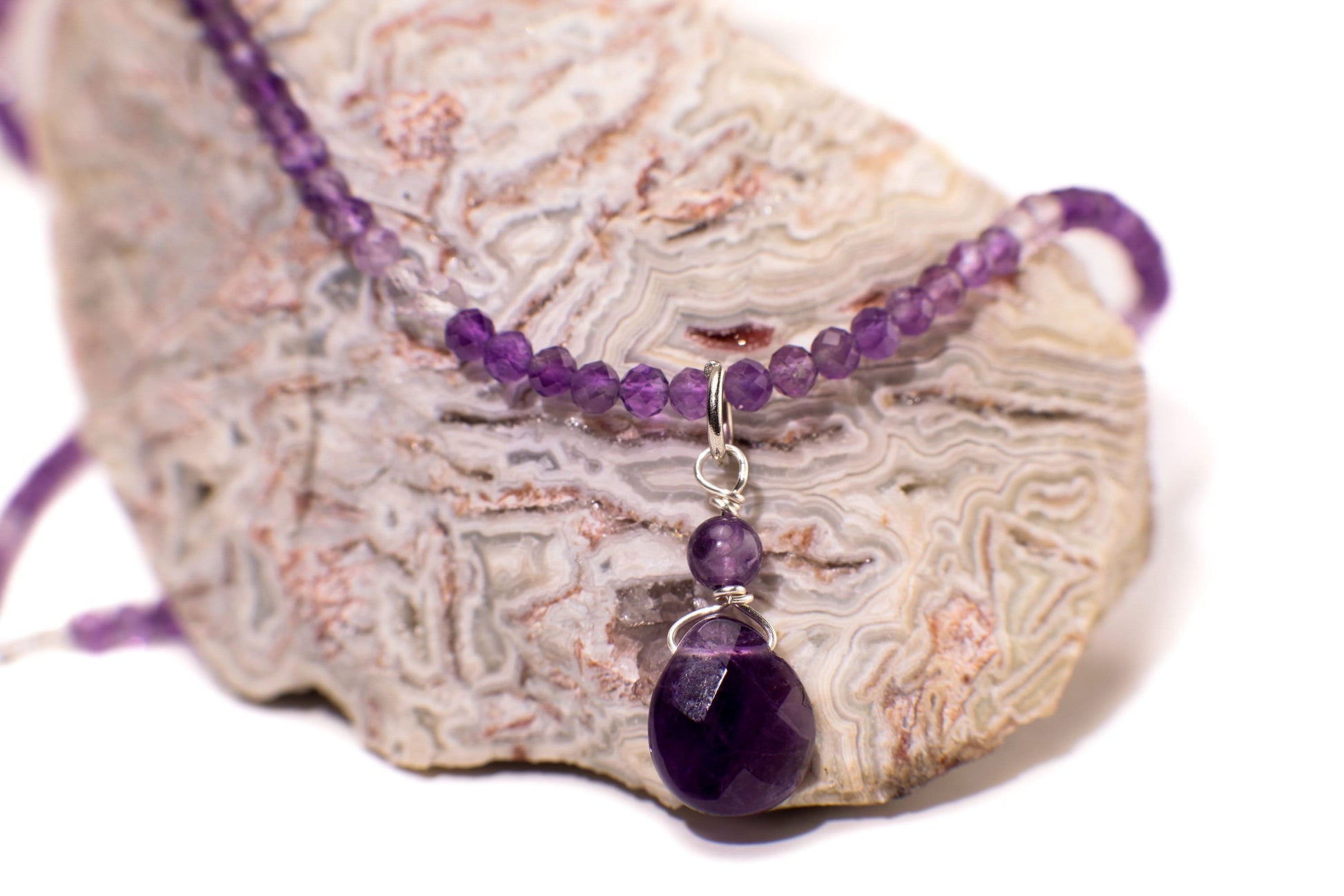 Brazilian Amethyst Faceted Wire Wrapped Pear Drop Charm with Ombre Shaded 3mm Amethyst Beaded Necklace, February Birthstone