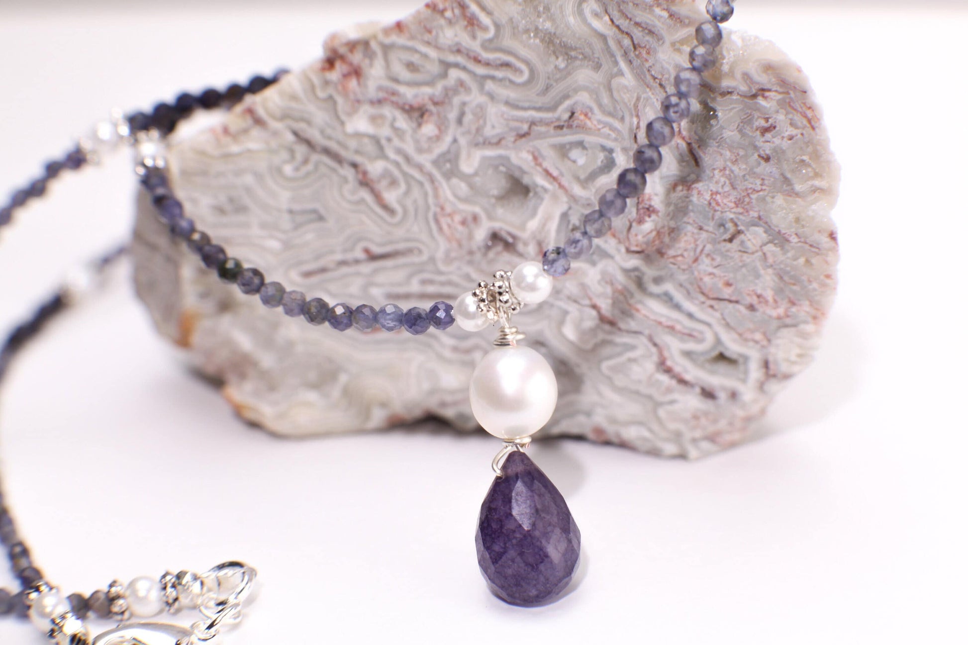 Natural Ombre Iolite Shaded 2.5mm Diamond Cut Round, Freshwater Pearl Spacers and iolite Pendant Necklace