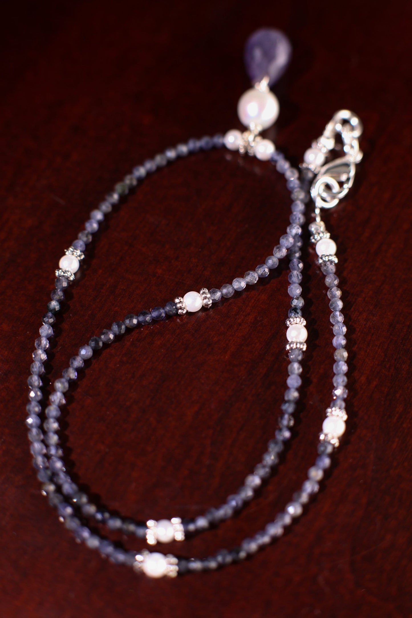 Natural Ombre Iolite Shaded 2.5mm Diamond Cut Round, Freshwater Pearl Spacers and iolite Pendant Necklace