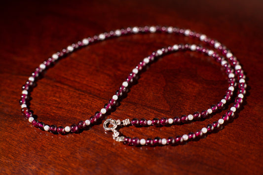 Merlot Red Garnet 3mm Round Choker Layering Necklace, Freshwater Pearl Round Spacer, 925 Sterling Silver, January Birthstone, Woman Gift