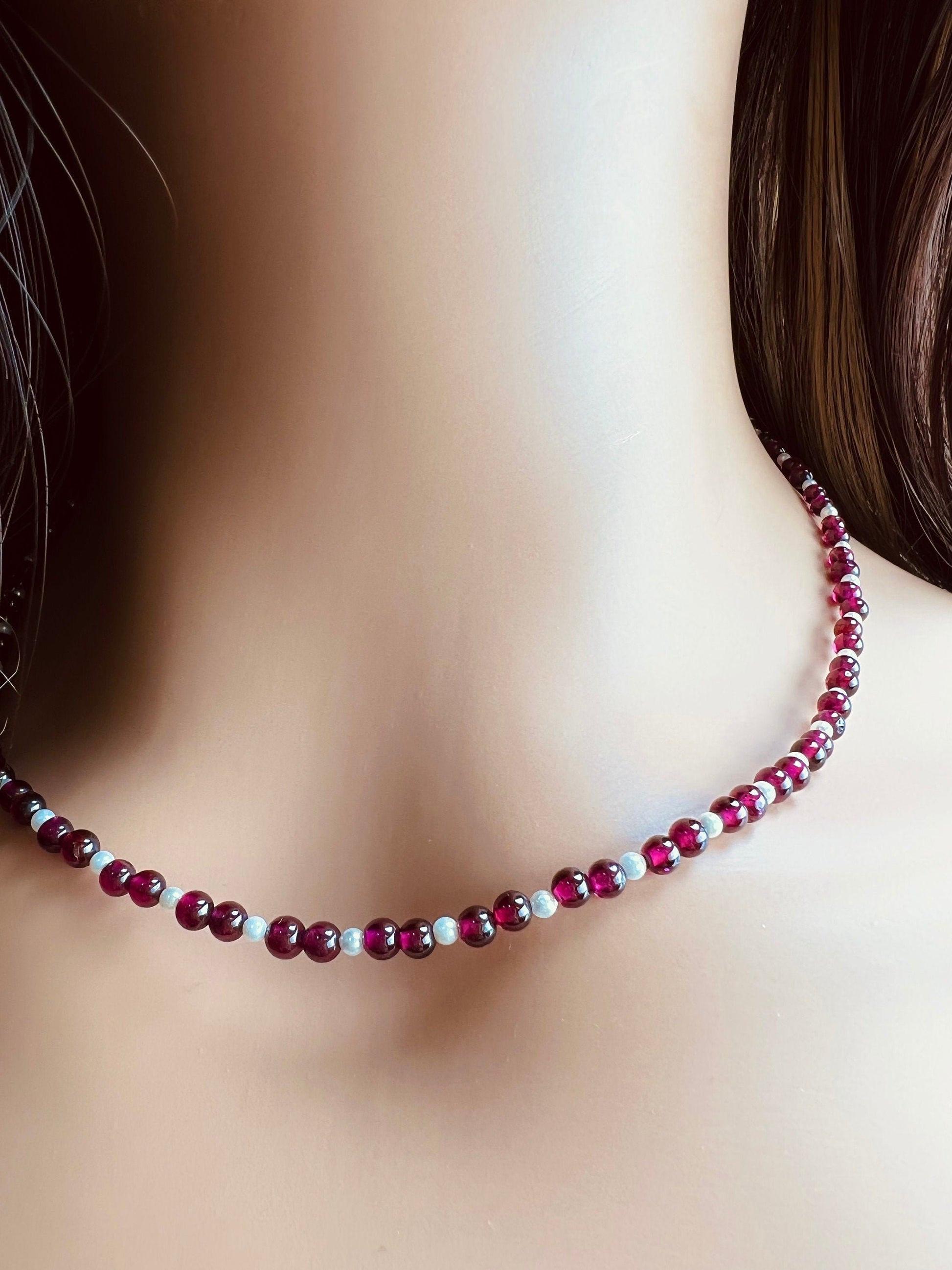 Merlot Red Garnet 3mm Round Choker Layering Necklace, Freshwater Pearl Round Spacer, 925 Sterling Silver, January Birthstone, Woman Gift