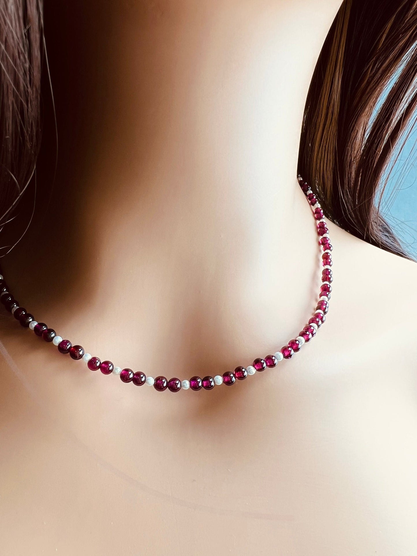 Merlot Red Garnet 3mm Round Choker Layering Necklace, Freshwater Pearl Round Spacer, 925 Sterling Silver, January Birthstone, Woman Gift