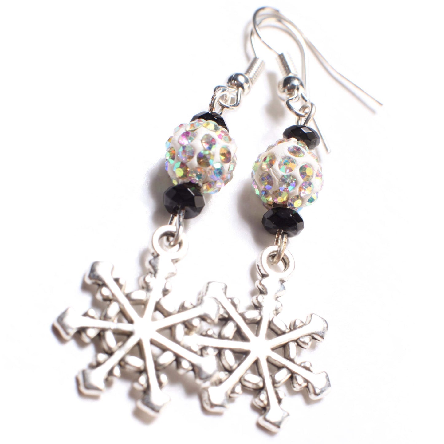 Snowflake Snowball Rhinestone Silver Beautiful Christmas Holiday Earrings