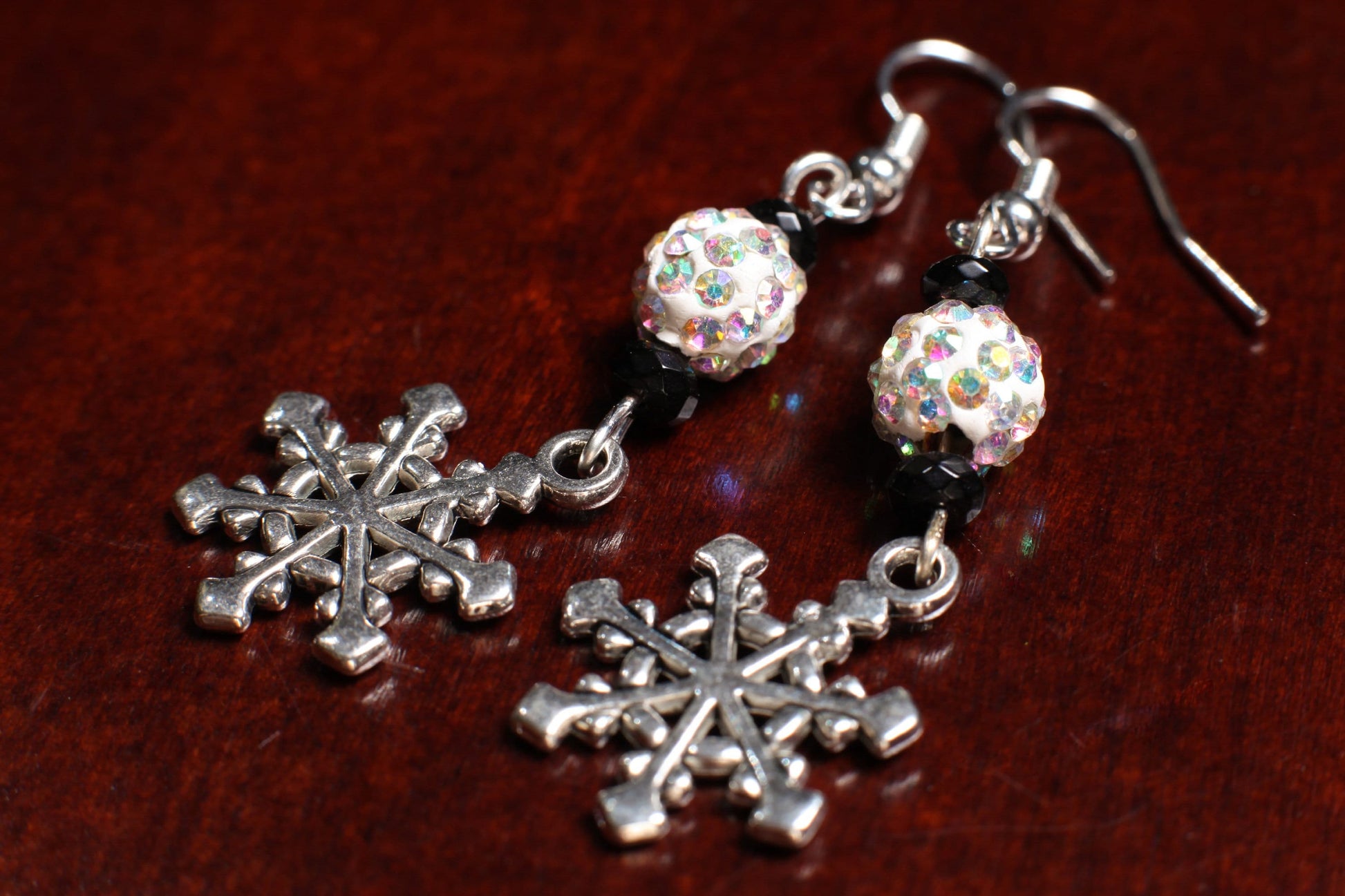 Snowflake Snowball Rhinestone Silver Beautiful Christmas Holiday Earrings