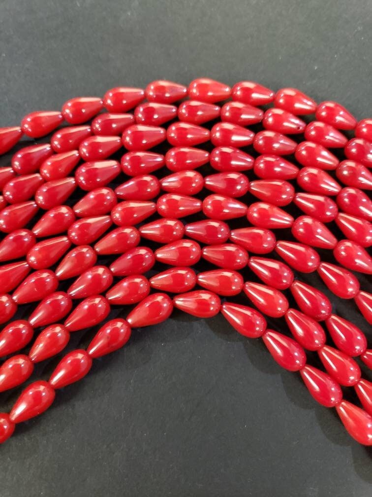 Red Coral 5x9mm Teardrop Shape Briolette Beads. 15.5&quot;, Approx. 45 pcs