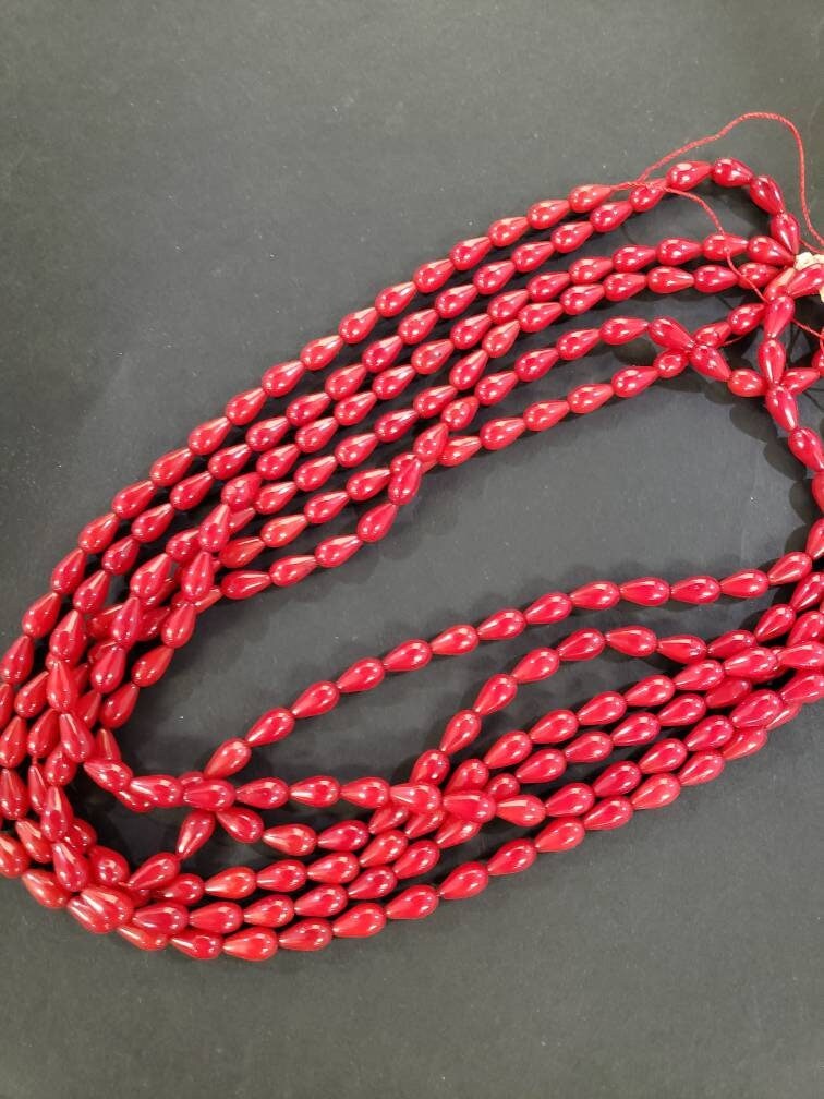 Red Coral 5x9mm Teardrop Shape Briolette Beads. 15.5&quot;, Approx. 45 pcs