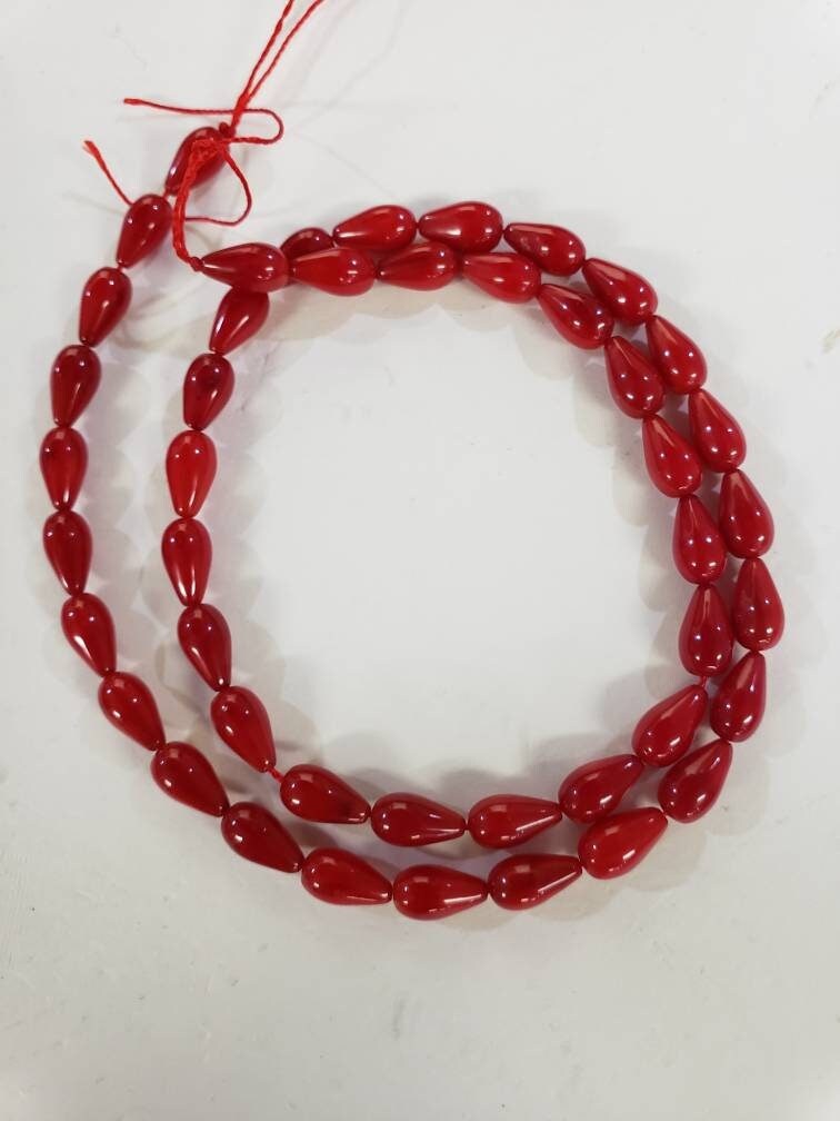 Red Coral 5x9mm Teardrop Shape Briolette Beads. 15.5&quot;, Approx. 45 pcs