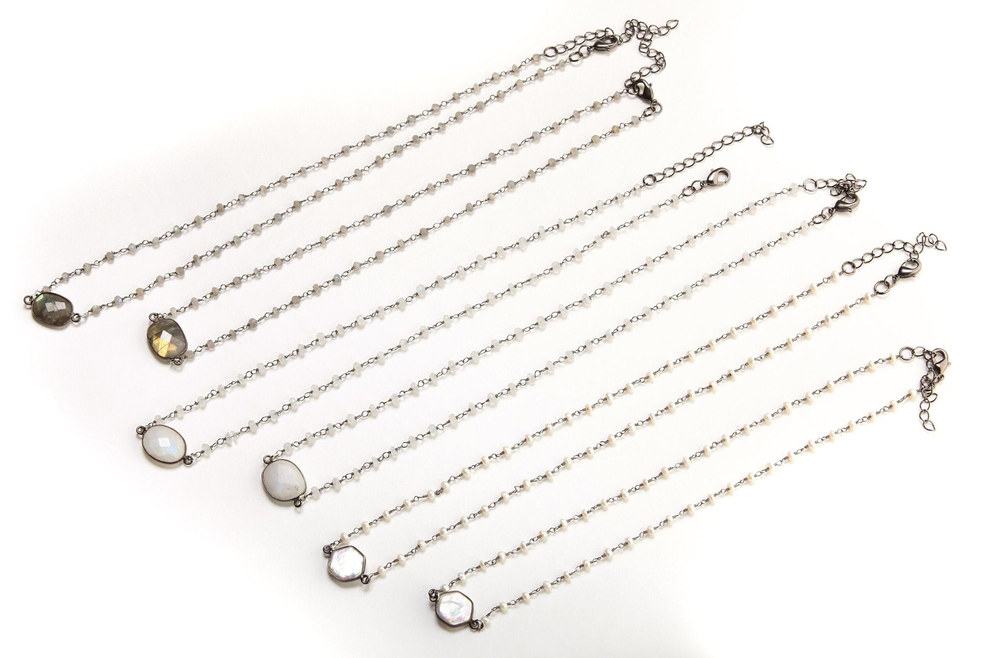 Genuine Freshwater Pearl, Moonstone, Labradorite Silver Oxidized Bezel with Matching Gemstone Beaded Extension Chain