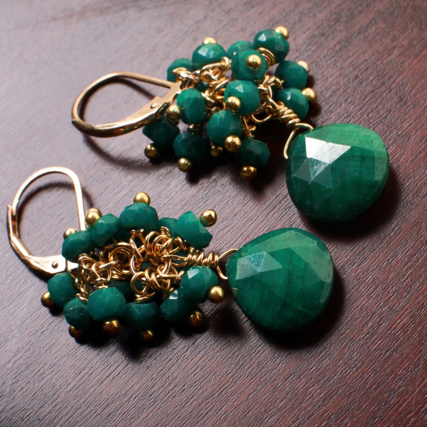 Natural Emerald Faceted Heart Briolette Teardrop, Natural Emerald Clusters in 14K Gold Filled Leverback Gemstones Earrings, Gift For Her