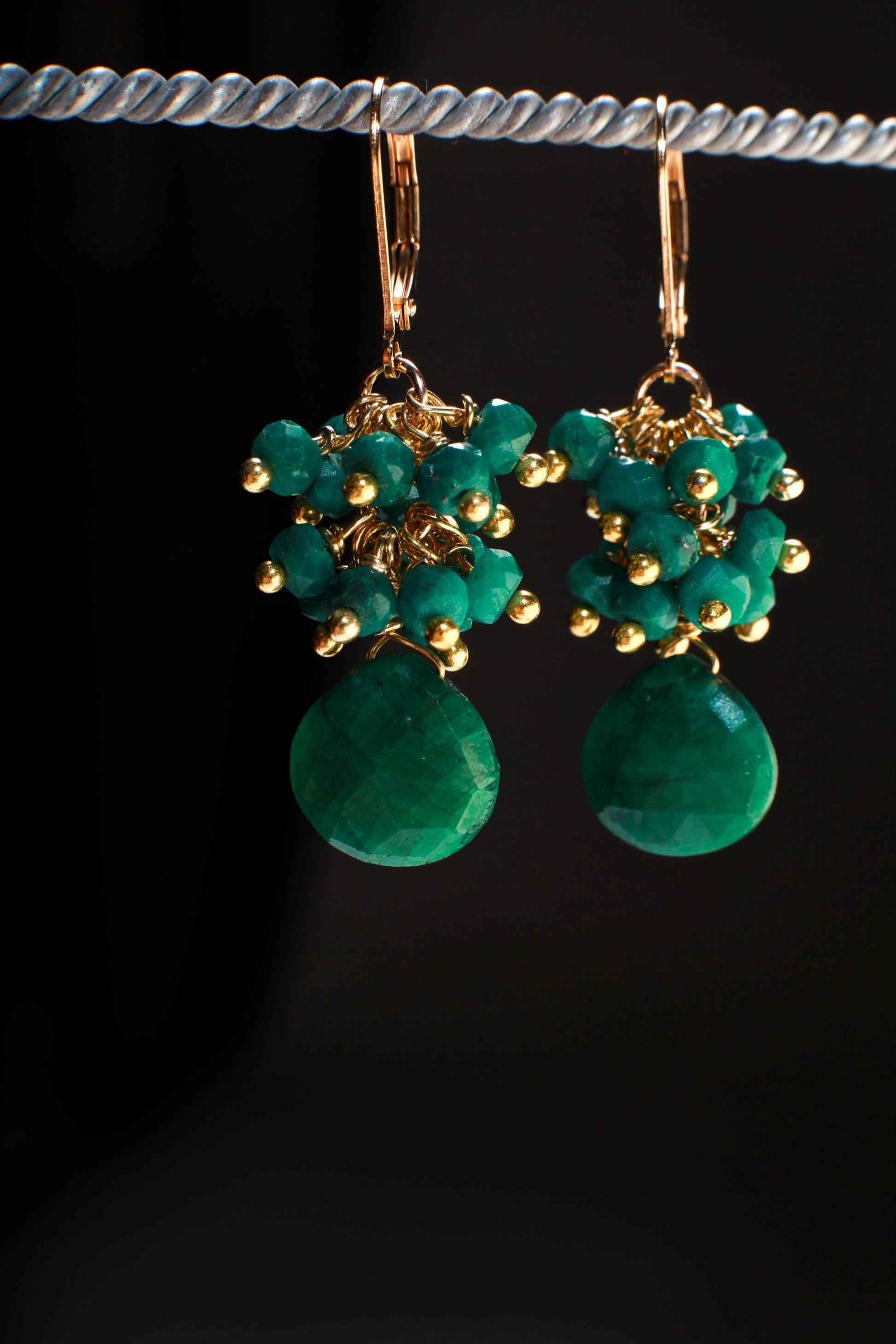 Natural Emerald Faceted Heart Briolette Teardrop, Natural Emerald Clusters in 14K Gold Filled Leverback Gemstones Earrings, Gift For Her