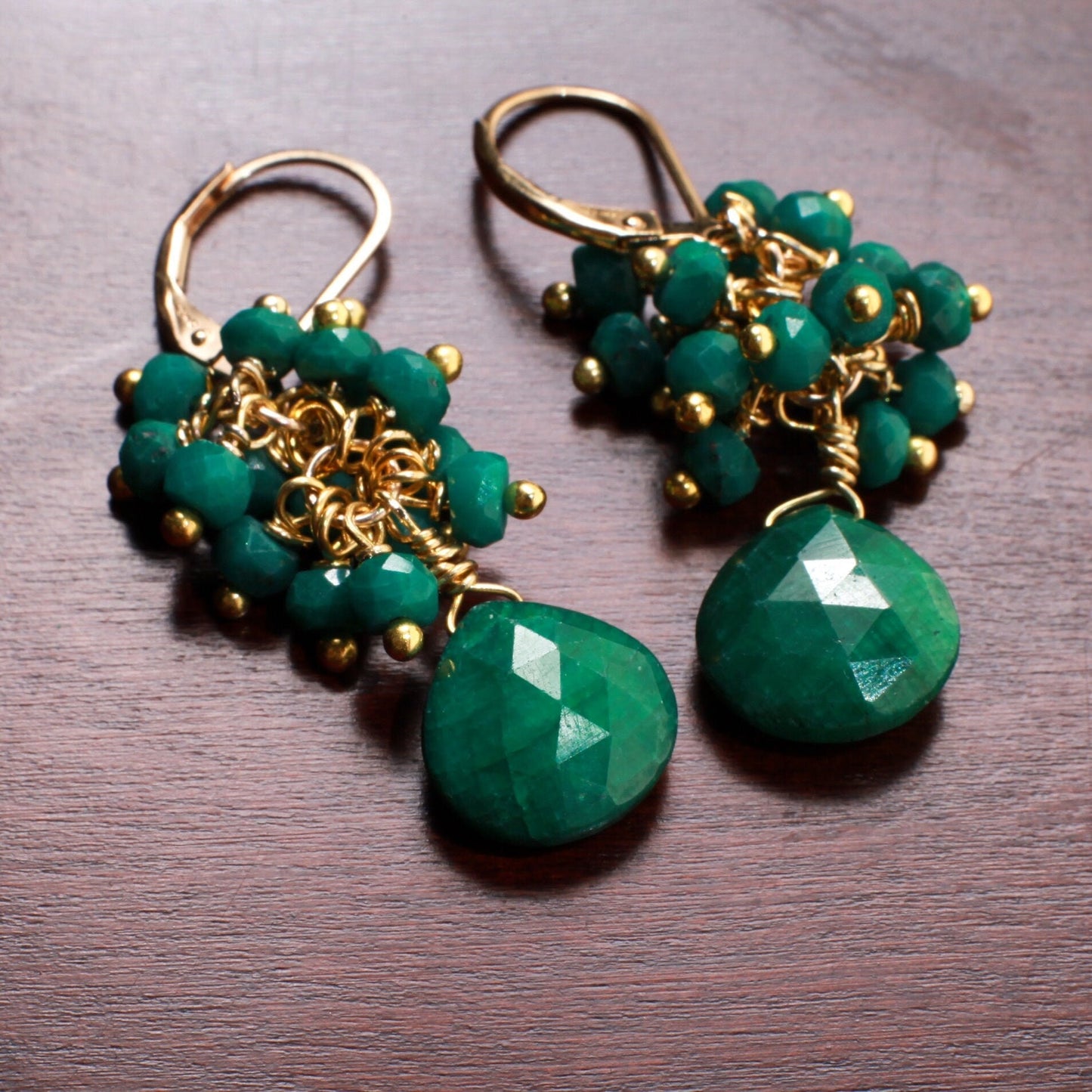 Natural Emerald Faceted Heart Briolette Teardrop, Natural Emerald Clusters in 14K Gold Filled Leverback Gemstones Earrings, Gift For Her