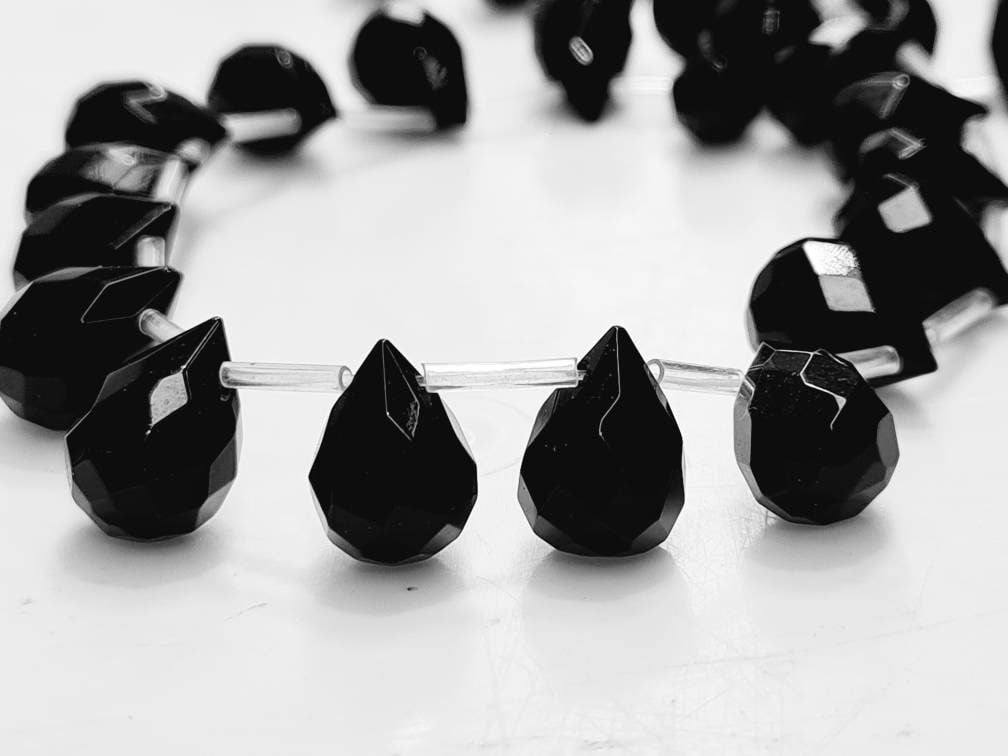 Natural Black Onyx 10x14mm faceted briolette drop beads,Natural gemstone for jewelry making Necklace Earring art deco, 1 strand 8 pcs