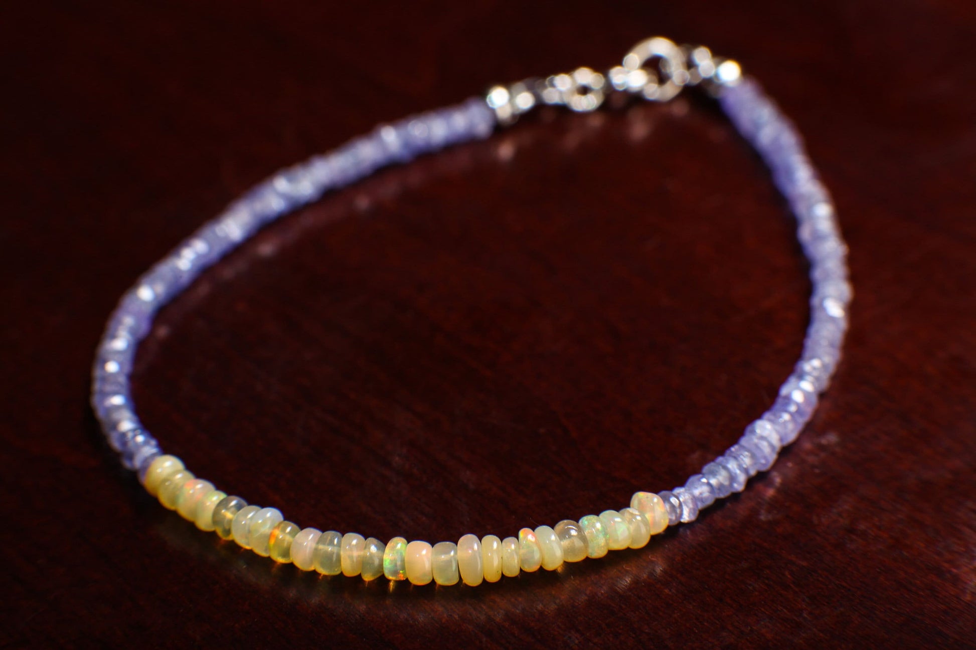 Tanzanite Faceted 3mm Rondelle with Ethiopian Opal Gemstone Bracelet in 925 Sterling Silver Chain and Clasp, Gift for her