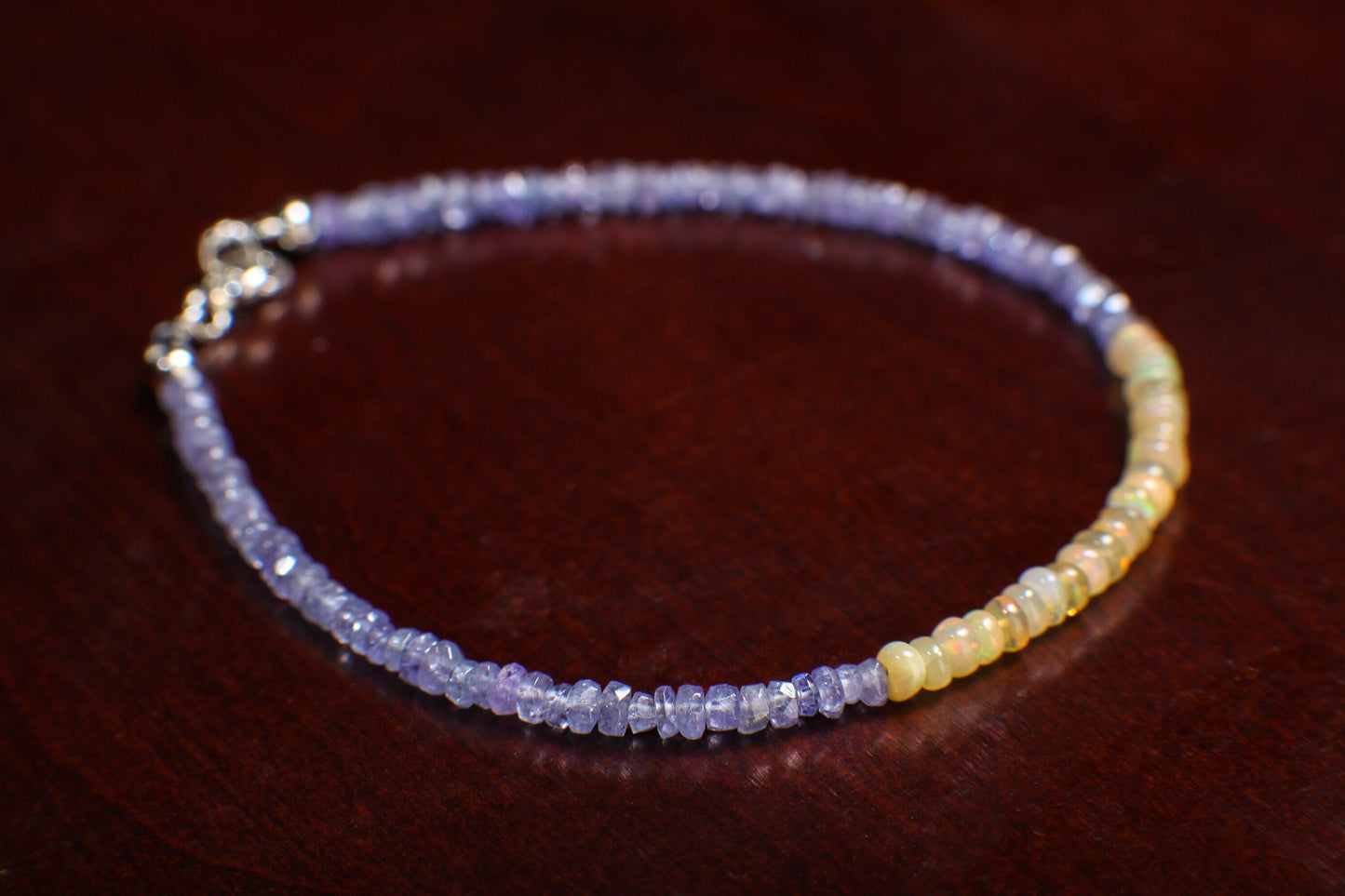 Tanzanite Faceted 3mm Rondelle with Ethiopian Opal Gemstone Bracelet in 925 Sterling Silver Chain and Clasp, Gift for her