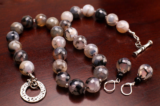Natural Fire Agate, Dragon Vein Agate,14mm Faceted large Round 19" Toggle Necklace Matching Earrings Jewelry Set.