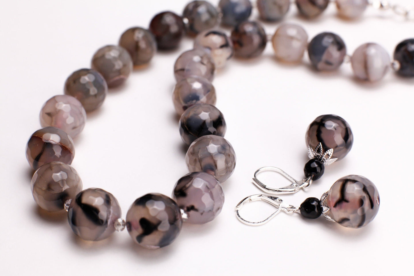 Natural Fire Agate, Dragon Vein Agate,14mm Faceted large Round 19" Toggle Necklace Matching Earrings Jewelry Set.