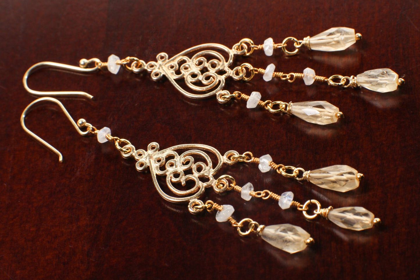 Citrine drop Briolette Chandelier Earrings, Faceted Moonstone Wire wrapped Gold Vermeil earwire, Gold Over 925 Sterling Silver Earrings