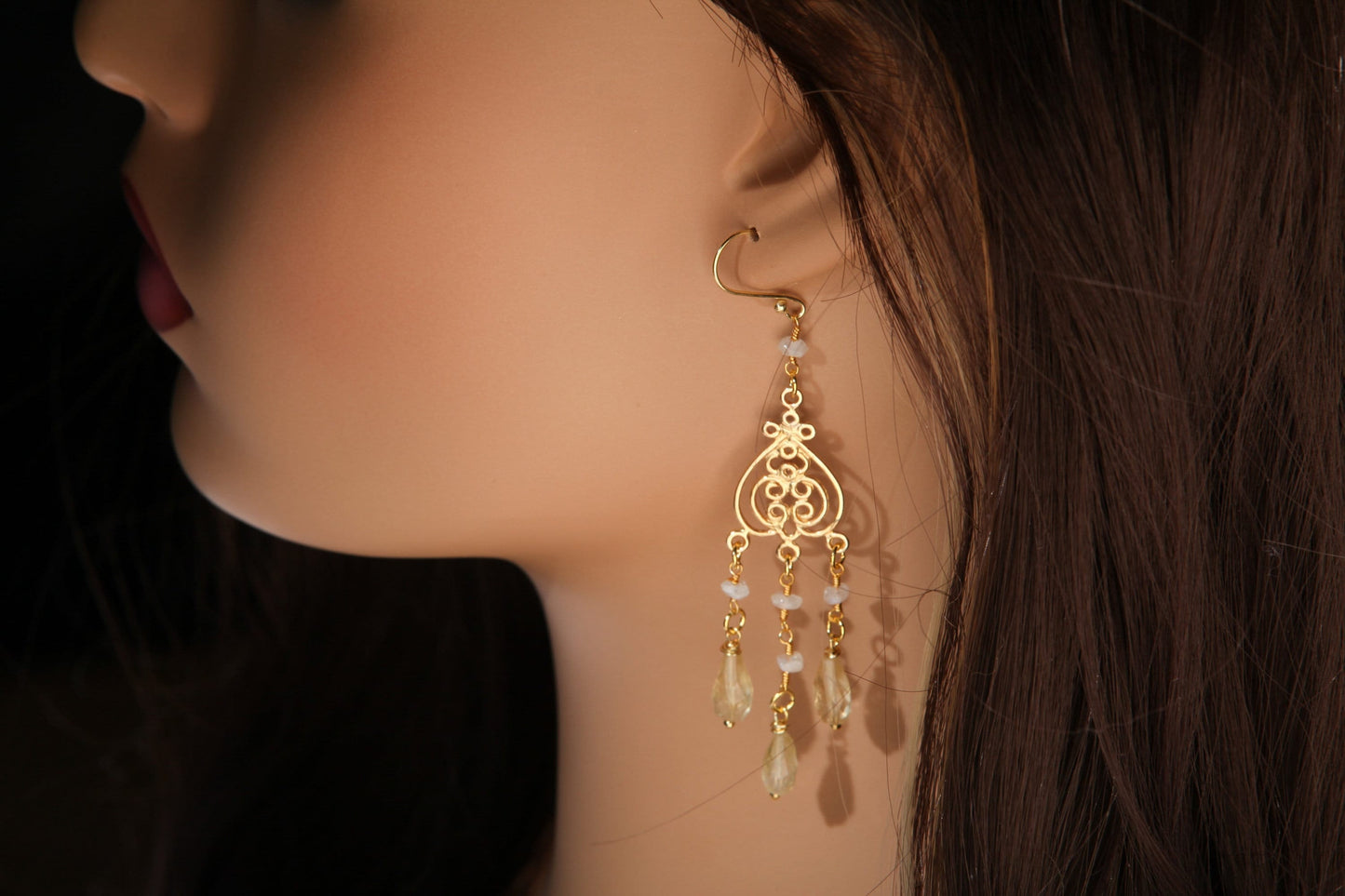 Citrine drop Briolette Chandelier Earrings, Faceted Moonstone Wire wrapped Gold Vermeil earwire, Gold Over 925 Sterling Silver Earrings