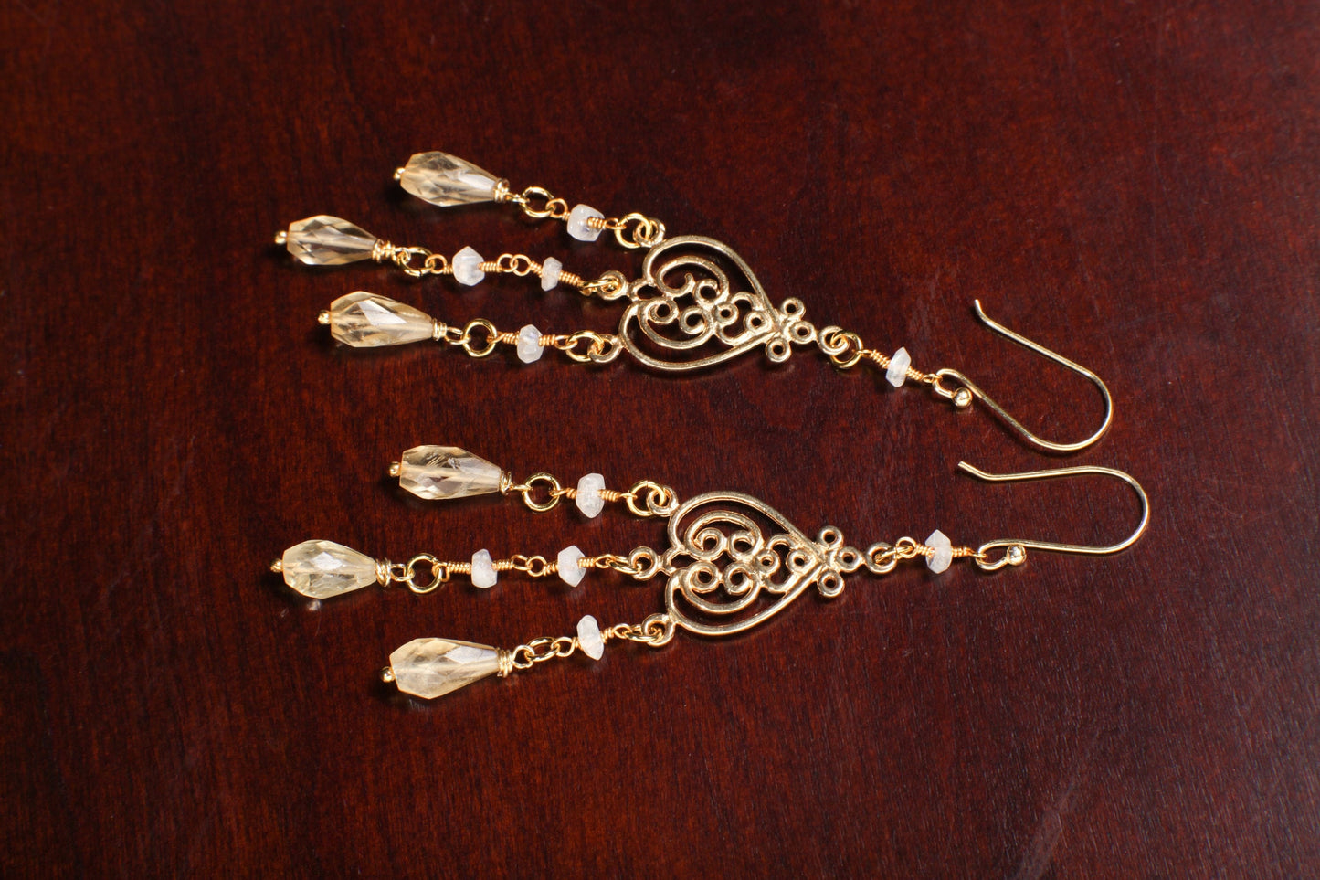Citrine drop Briolette Chandelier Earrings, Faceted Moonstone Wire wrapped Gold Vermeil earwire, Gold Over 925 Sterling Silver Earrings