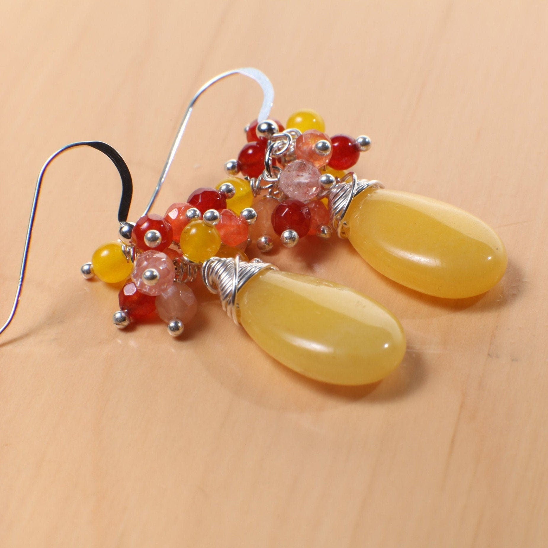 Carnelian, Yellow Jade, Strawberry Quartz Clusters, Ambronite Long Tear Drop Wire Wrapped 925 Sterling Silver Earwire,Available in Leverback