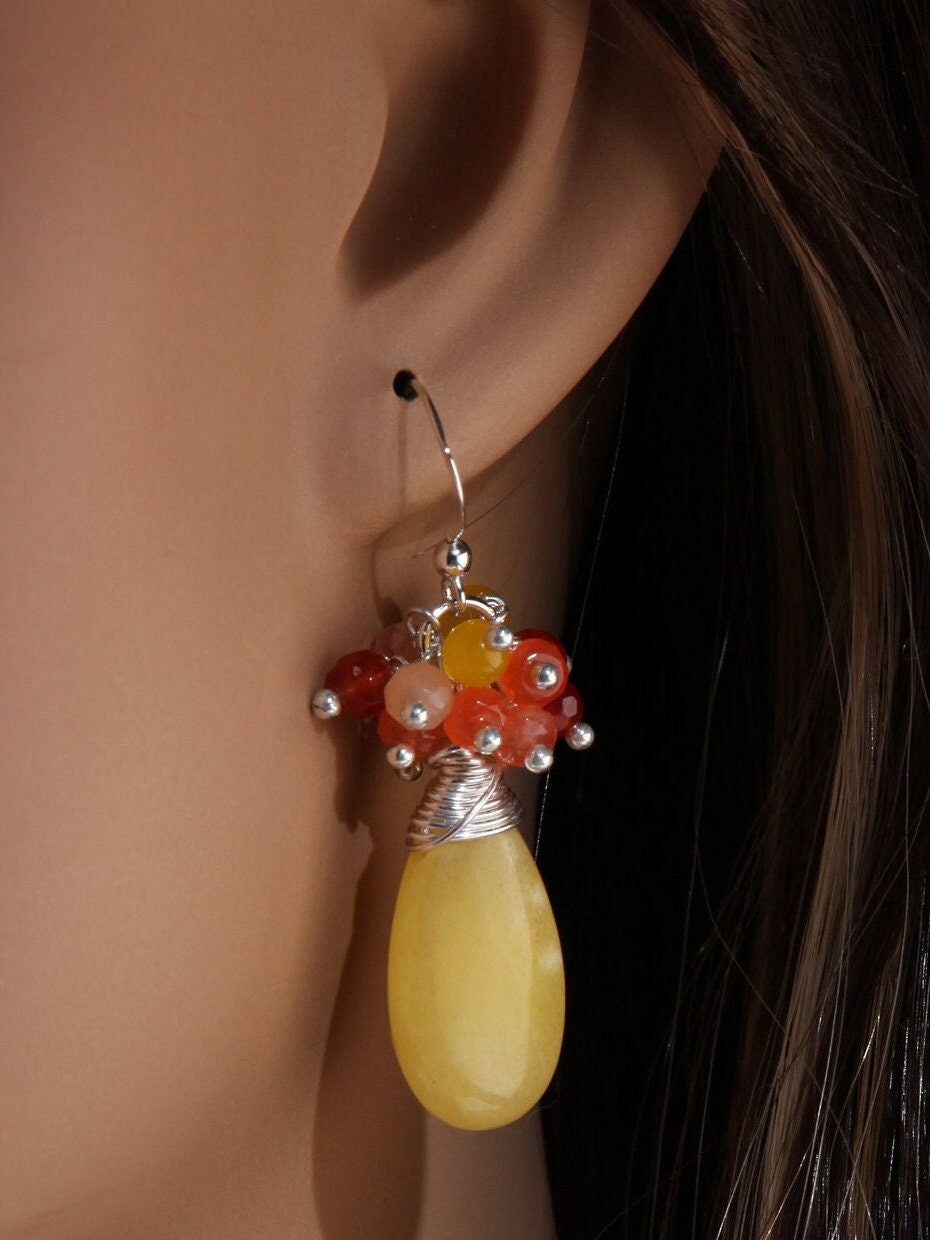 Carnelian, Yellow Jade, Strawberry Quartz Clusters, Ambronite Long Tear Drop Wire Wrapped 925 Sterling Silver Earwire,Available in Leverback