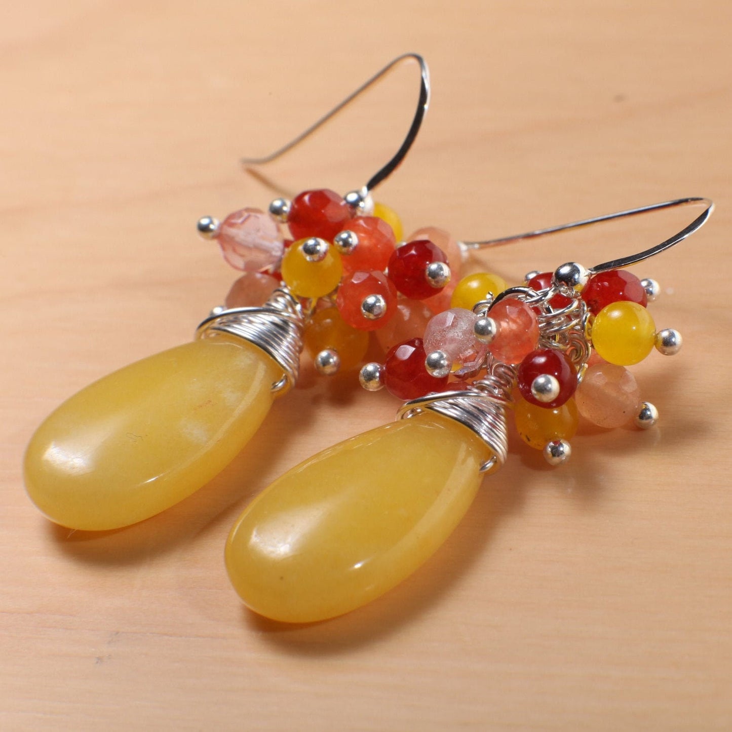 Carnelian, Yellow Jade, Strawberry Quartz Clusters, Ambronite Long Tear Drop Wire Wrapped 925 Sterling Silver Earwire,Available in Leverback