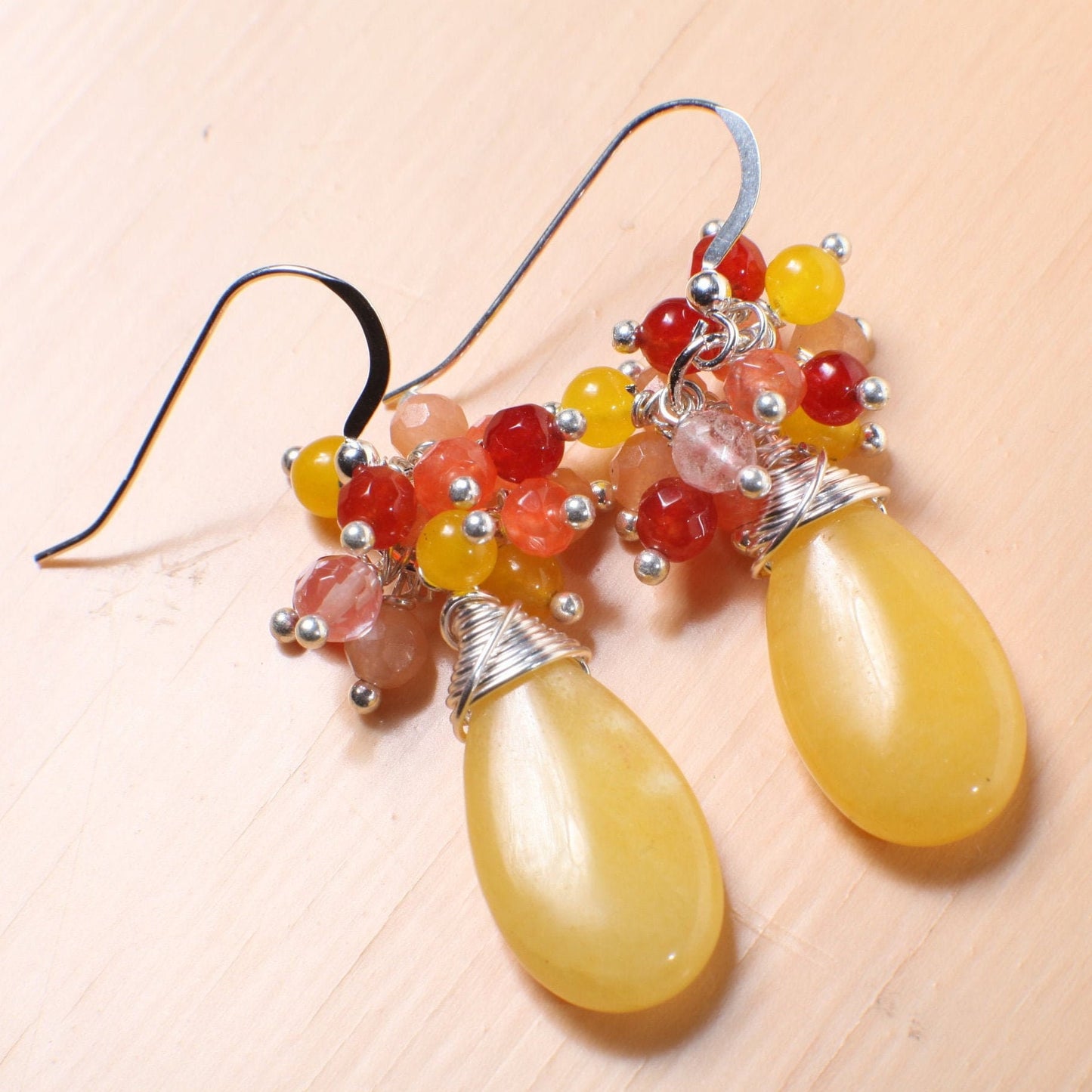 Carnelian, Yellow Jade, Strawberry Quartz Clusters, Ambronite Long Tear Drop Wire Wrapped 925 Sterling Silver Earwire,Available in Leverback