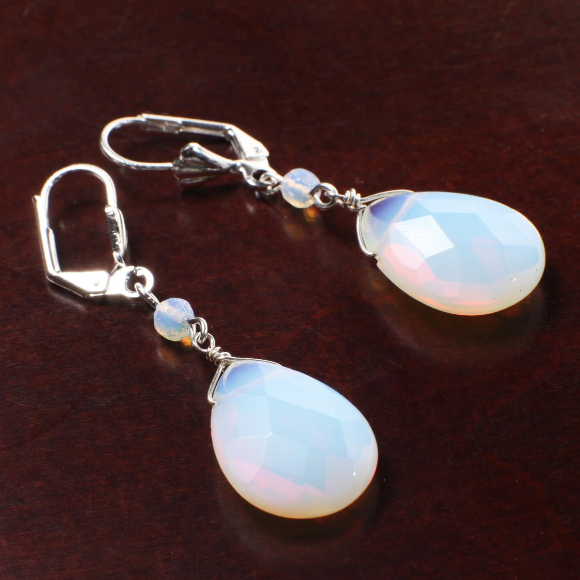 Opalite Faceted large drop Briolette 15x20mm Tear Drop Dangling with Opalite Rondelle in Silver Leverback Earrings