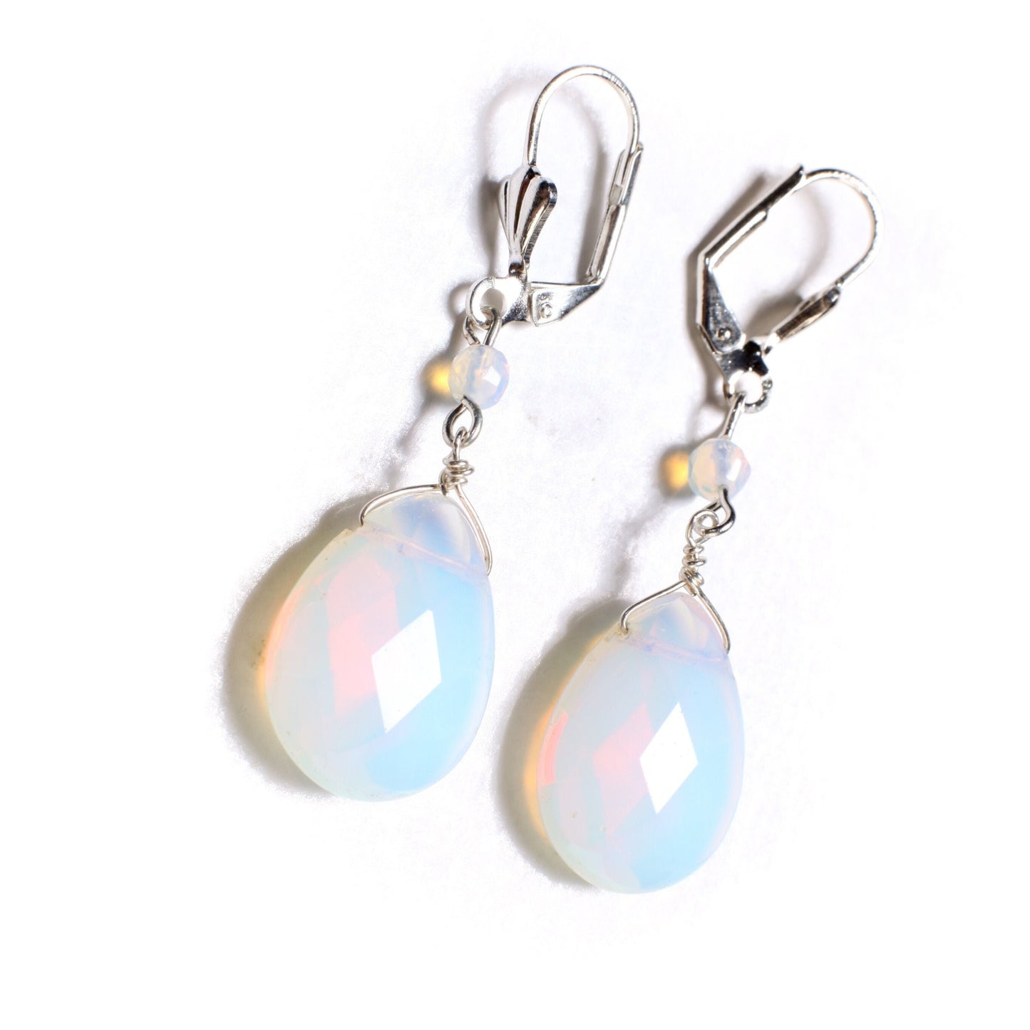 Opalite Faceted large drop Briolette 15x20mm Tear Drop Dangling with Opalite Rondelle in Silver Leverback Earrings